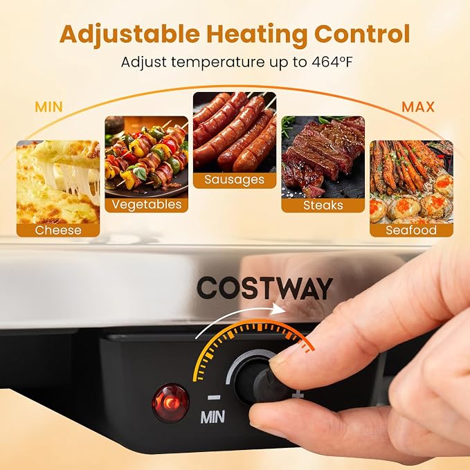 COSTWAY Raclette Grill for 8, 2-in-1 Table Grill & Griddle with Reversible Nonstick Plate, 8 Cheese Pans, 8 Wooden Spatula, Tong & Adjustable Temp Control, 1400W Electric Griller for Indoor & Outdoor