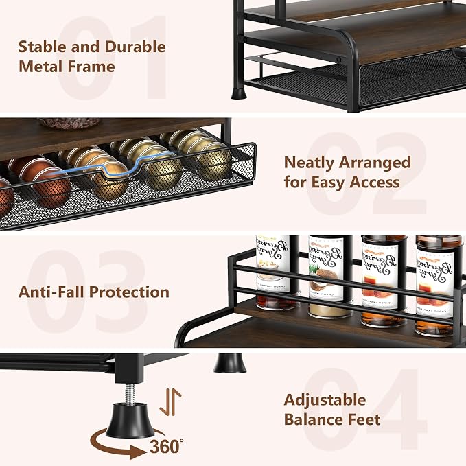 Coffee Syrup Rack Organizer, 3-Tier Pod Holder Drawer for Nespresso | Black Metal Rack for Syrup Bottles and Coffee Bar Storage, Holds 30 Big or 40 Small Capsules, Space-Saving Countertop Design