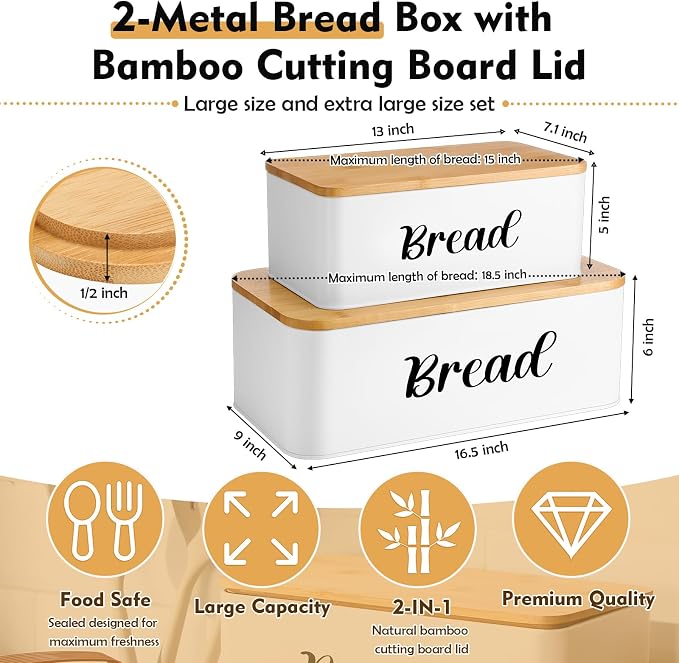 Teenyyou 2 Pcs Extra Large Bread Box with Slicer, Metal Bread Storage Container with Bamboo Cutting Board Lids, 2 Sizes Farmhouse Breadbox Set for Kitchen Countertop(White)