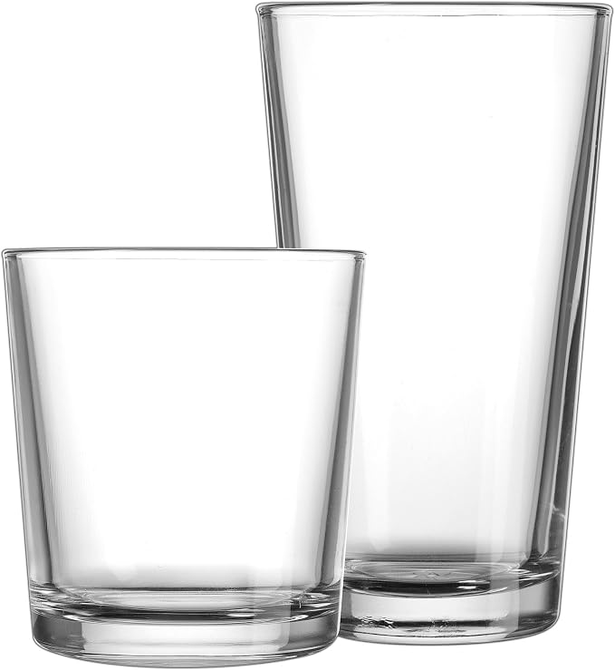 Glaver's Drinking Glasses Set of 12. Glassware set, 6 Highball Glass Cups, 6 Whiskey glasses. Classic Drinkware Set 17 oz Tall Glasses Set and 13 oz Rock Glasses.