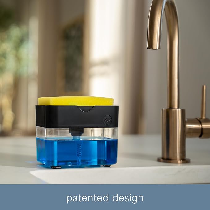 S&T INC. Dish Soap Dispenser and Sponge Holder, Matte Black | Holds 13 Fluid Ounces, Sponge Included, Anti-Slid Feet, Push to Dispense Perfect Amount of Dish Soap