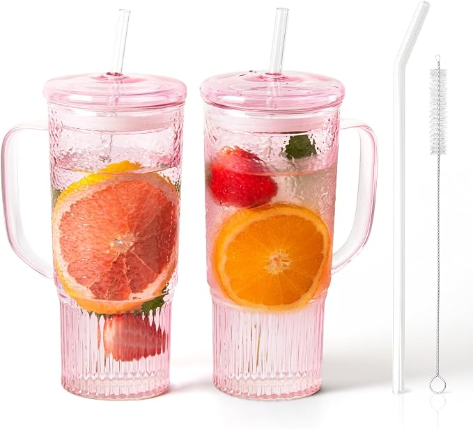 JunVpic Glass Tumbler, 24 oz Glass Cup with Lid, Straw and Handle | Pink glass design, Hammered Texture, reusable straw and lid for iced coffee, tea, smoothies and hot & cold drink