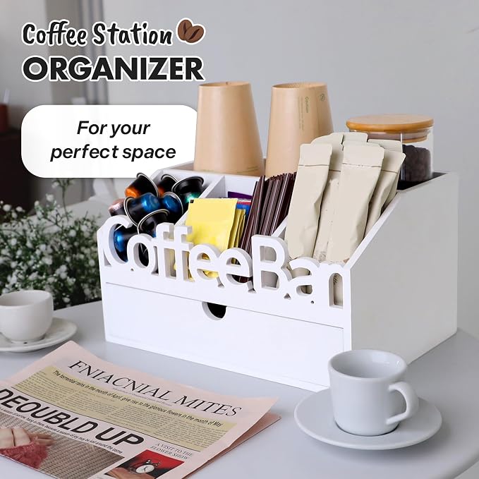 Coffee Bar Organizer Countertop,Wood Coffee Station with Drawer,Home&Office | K-Cups, Tea Bags, Sugar Packets & Creamers