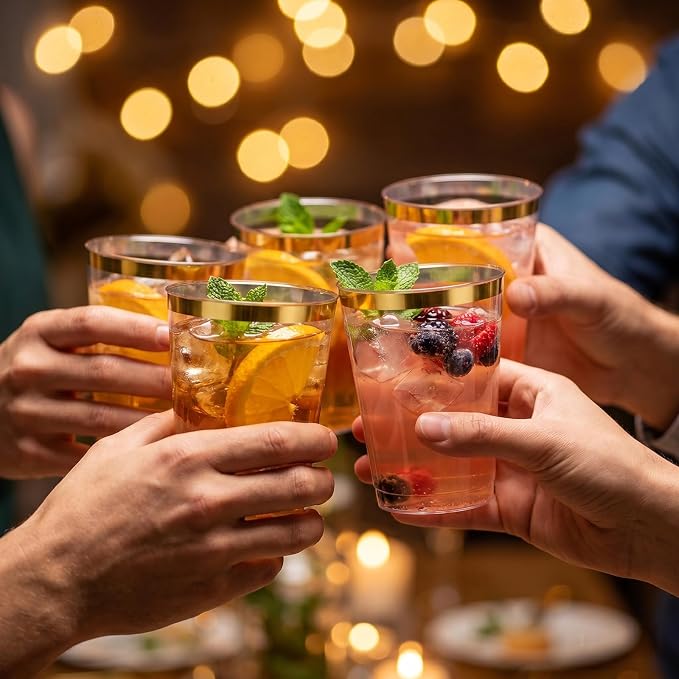 I00000 200 Pack Gold Plastic Cups, 10 oz Clear Plastic Cups Gold Rimmed Disposable Wine Glasses Fancy Disposable Party Cups Wedding Cup Drinking Tumblers Cocktail Glasses with Gold Rim