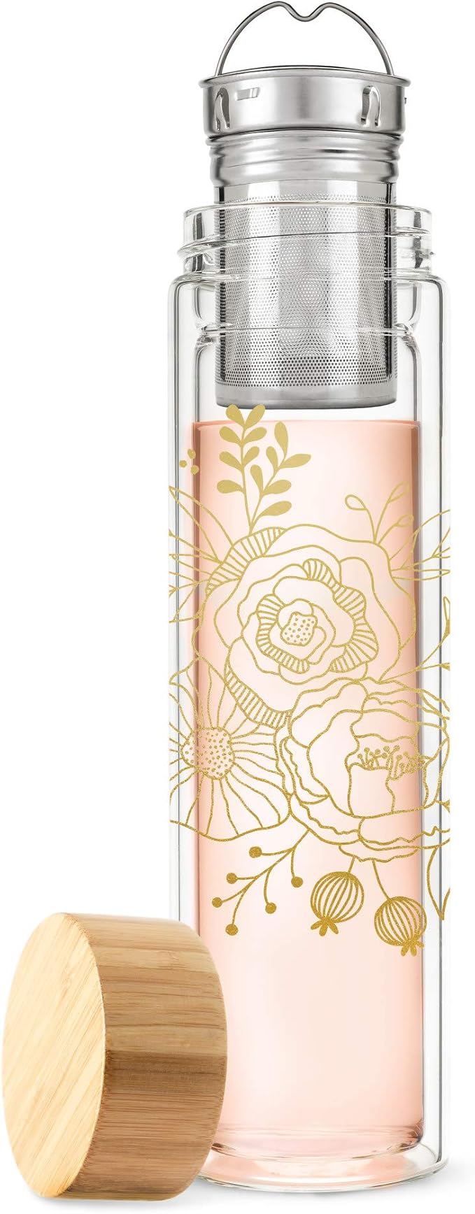 Pinky Up Blair Travel Infuser Mug, Double-Walled Glass, Stainless Steel Strainer, 16 Oz, Bouquet