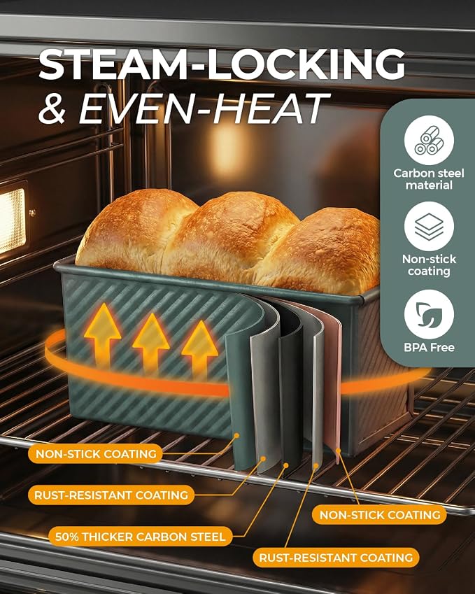 CARTMAN 3-Piece Pullman Loaf Pan with Lid, 2.2/1/0.8 LB Bread Pan, Green | Includes 2.2/1/0.8 LB sizes & silicone tools, bottom vents, nonstick carbon steel, nesting storage, for bread & brownies