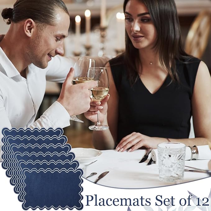 Linen Placemats Set of 12 Scalloped Placemat 13 X19 Wavy Embroidery Double Layered Washable Farmhouse Dinner Fabric Table Mat Napkin for Wedding Party Restaurant(Regular,Navy Blue)