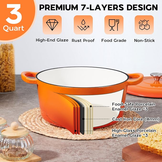 Onader 3QT Cast Iron Dutch Oven Pot with Lid, Round Dutch Oven for Sourdough Bread Baking, Small Enameled Heavy Duty Cookware - Orange