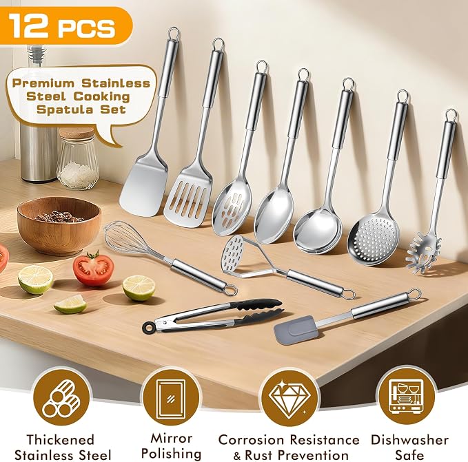 12 Pcs Stainless Steel Cooking Utensils Set, Metal Kitchen Tools Include Utensil Holder, Solid & Slotted Spatula, Spoon, Ladle, Pasta Server, Potato Maseher, Egg Whisk,Cooking Tong, Flexible Spatula