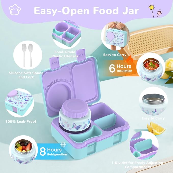 Bento Lunch Box for Kids Adult, Leakproof 3-4 Compartment Bento Box Set with Insulated Food Jar,Water Bottle, Lunch Bag, School Lunch Container for Toddler Teen Girls Boys Ages 3+(Butterfly)