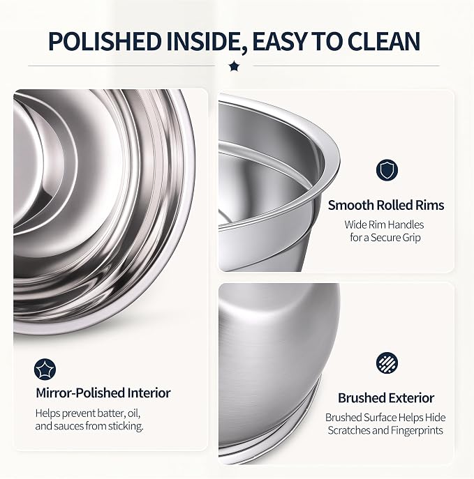 Stainless Steel Mixing Bowls with Lids Set, 3 Grater Inserts | 6 nesting stainless steel bowls, 0.7-4 QT, 6 lids, 3 grater inserts, measuring set, spatula and brush for prep and baking