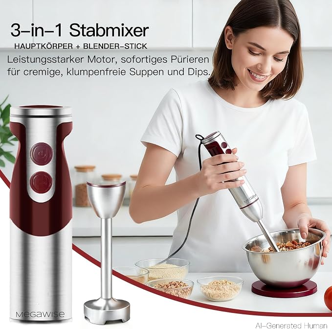 MegaWise Pro Titanium Reinforced 3-in-1 Immersion Corded Hand Blender, Powerful MOTOR with 80% Sharper Blades, 12-Speed Corded Blender, IncludingWhisk and Milk Frother (3-in 1 Red)