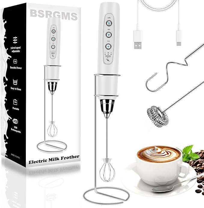 Milk Frother Wand Rechargeable Handheld Whisk Coffee 3 Speed Adjustable | Electric Whisk Drink Mixer with Stainless 3 Whisks Hand Frother , Foam Maker for Latte Cappuccino Matcha Egg Silver