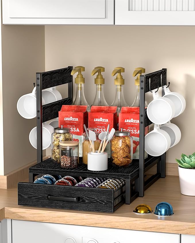 Evermagin Coffee Pod Holder Compatible with Nespresso,Fit 28 Large/56 Small | Coffee Pod Organizer Drawer Station with Cup Rack, Vertuo Pod Holder for Home and Office,Black
