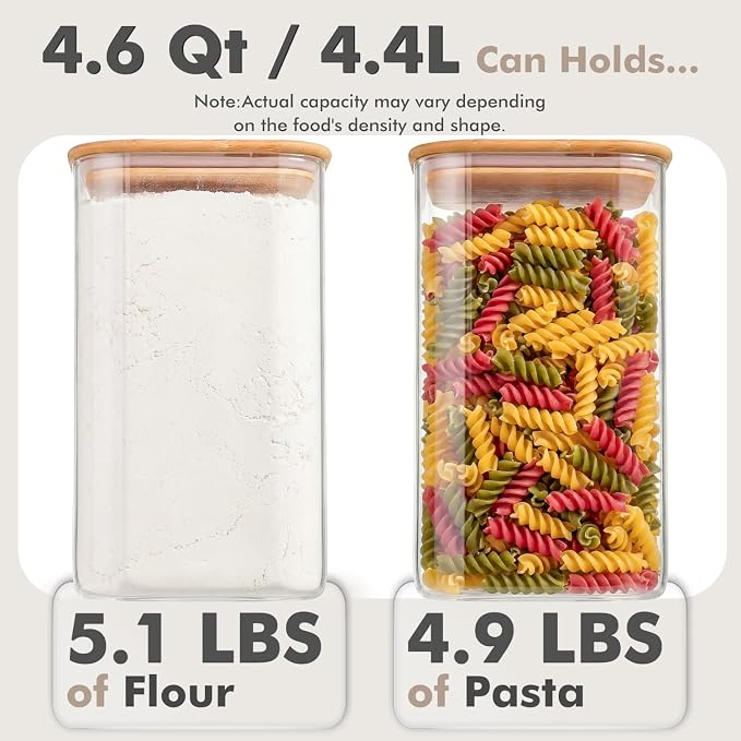 4.6Qt Large Glass Flour Sugar Storage Containers with Bamboo Lids | Wide Mouth Design, With Measuring Cup, Minimalist Kitchen Organizer,Scandinavian Style Storage,Nordic Style Storage