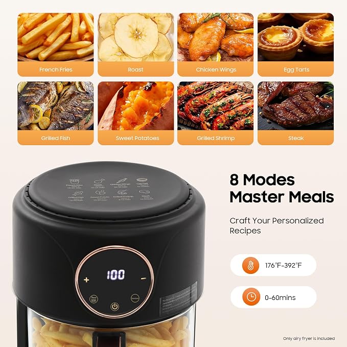 8-in-1 Glass Air Fryer, 4.5Qt Capacity Non Toxic Air Fryer, 360° Viewable Bowl, Touchscreen Display, Precise Temperature(175°F - 400°F), 1200W Oil Cooking Dishwasher Safe Glass Pot - Black