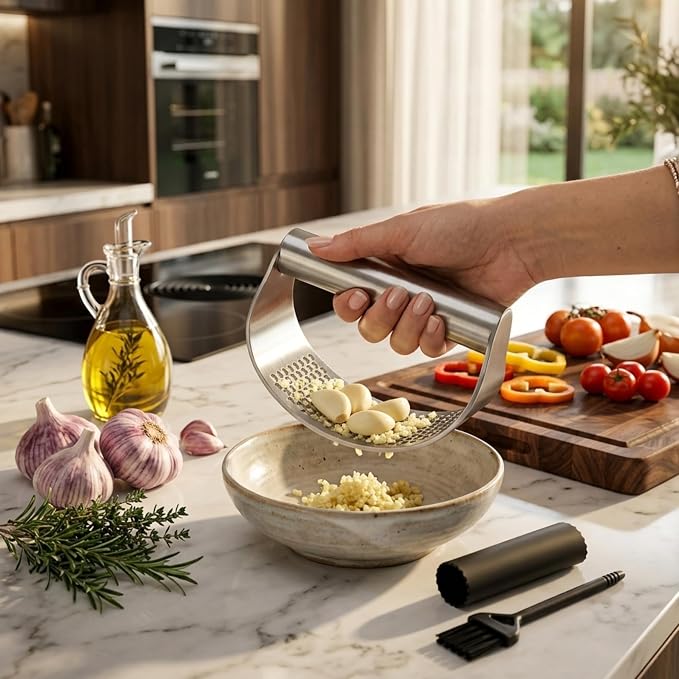 Angel's Peel Lounge Stainless Steel Garlic Press Rocker Set with Silicone Garlic Peeler & Cleaning Brush – Garlic Chopper, Mincer, Grater, Crusher (Stainless steel)