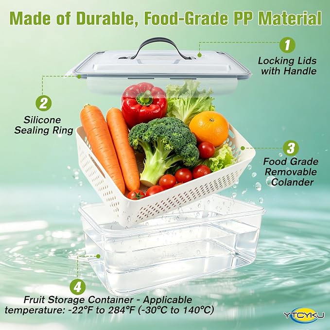 5-Pack Fruit Storage Containers for Fridge with Removable Colanders & Lids | Clear Plastic Produce Storage Containers for Fruits, Veggies, Salad, Berries | Leak-Proof, Microwave Safe