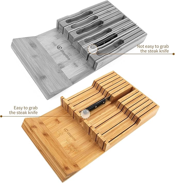 Utoplike In-Drawer Knife Block Bamboo Drawer Organizer, 12 Knives Holder | Steak Knife Holder, Fit 12 Knives, 1 Sharpening Steel (Knives & Sharpening Steel Not Included), Kitchen Drawer Organization