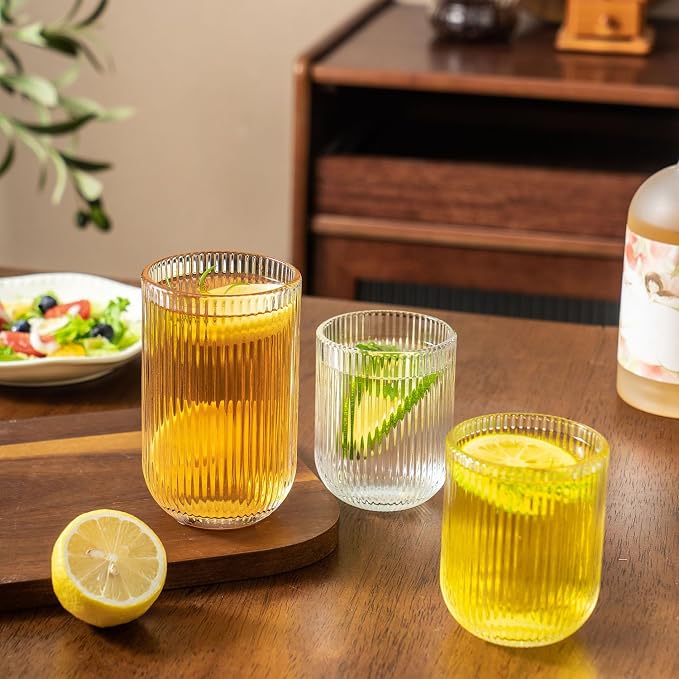 Ribbed Drinking Glasses 12pcs, Rocks Drinking Glasses 12oz and 10oz, Tumbler Glasses Cup Set for Wedding, Party, Christmas Gift, Clear