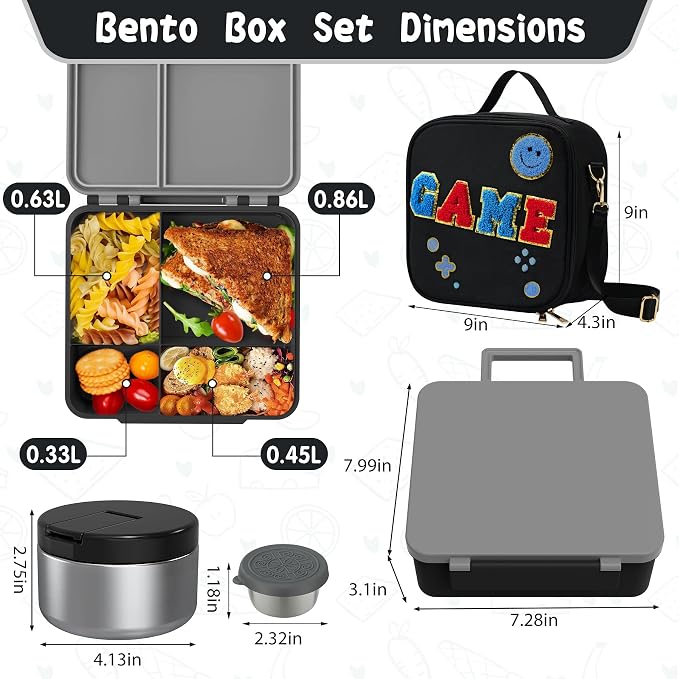 Aimsnk Kids Lunch Box with Thermo Insulated Lunch Bag for School, Black | Kids Bento Lunch Box with 8oz Food Jar, Leak Proof Hot Soup Lunch Containers with 4 Compartment, Warm Lunchbox for Toddler