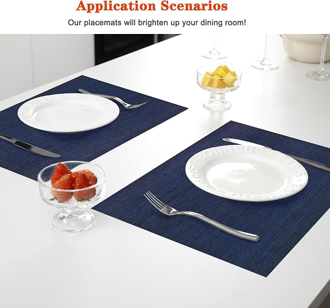 Blue Vinyl Placemats Set of 8,Washable Dining PVC Table Mats | Heat resistant, stain resistant non slip vinyl place mats, washable blue table placemats for dining table