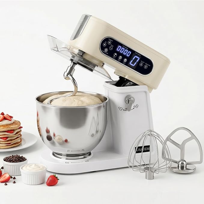 5.3 Qt Tilt-Head Stand Mixer, 9-Speed Electric Food Mixer | 9-Speed Control, Stainless Steel Bowl, Dough Hook Whisk Flat Beater, Splash Guard, Easy Clean, for Home Baking, Almond Cream