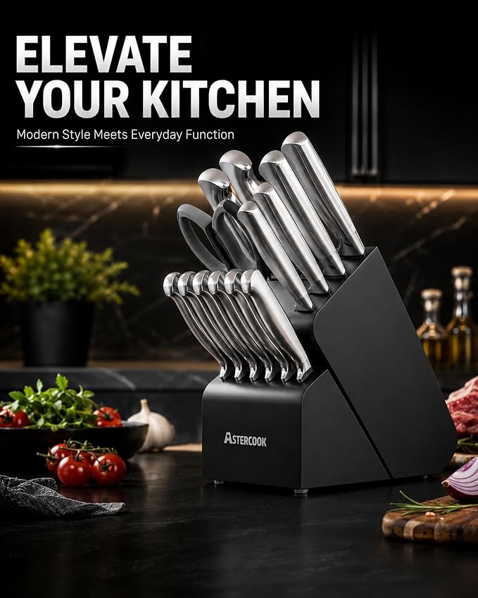 Astercook Knife Set 15 Piece German Steel Kitchen Knife Block Set | Wooden Block with Built-in Sharpener, One-Piece Design, Dishwasher Safe, Rust-Resistant, 6 Steak Knives, For Cooking & Gift