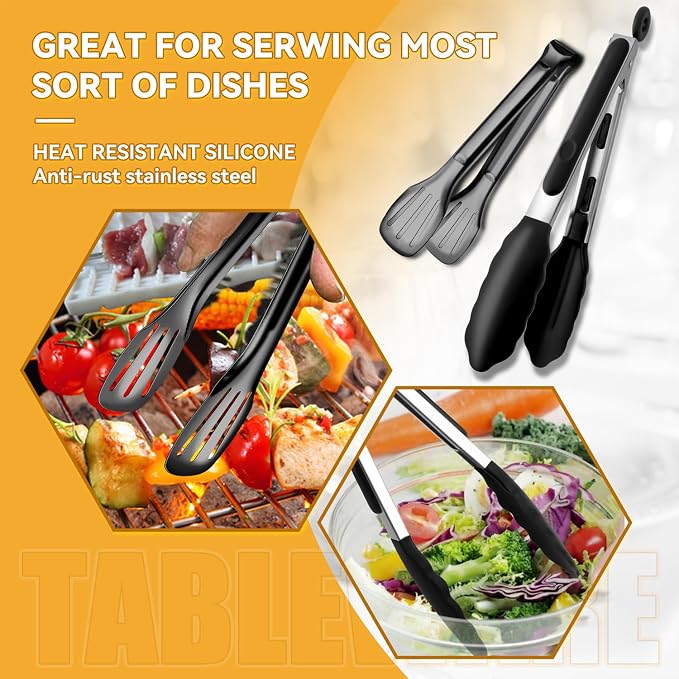 Black Stainless Steel Serving Utensils Set, Large Metal Serving Spoons, Slotted Spoons, Forks, Tongs, Soup Spoons, Skimmer Spoon, Cake Server for Partie, Buffet, Catering, Entertaining 15pcs