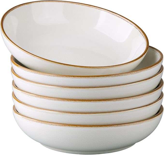 AmorArc 8.5’’ Ceramic Pasta Bowls Set of 6, 36oz Large Stoneware Bowls Set | Large Dinner Serving Bowls Set, Wide Bowl Plate for Pasta,Salad, Soup, Microwave Safe, Reactive Glaze-Pearl White