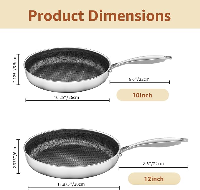 LOLYKITCH 10-12 Inch Nonstick Frying Pan Set with Glass Lids | PFOA Free | Hybrid Stainless Steel Skillet | Non-Toxic | Stay-Cool Detachable Handle | Dishwasher and Oven Safe | Induction Ready