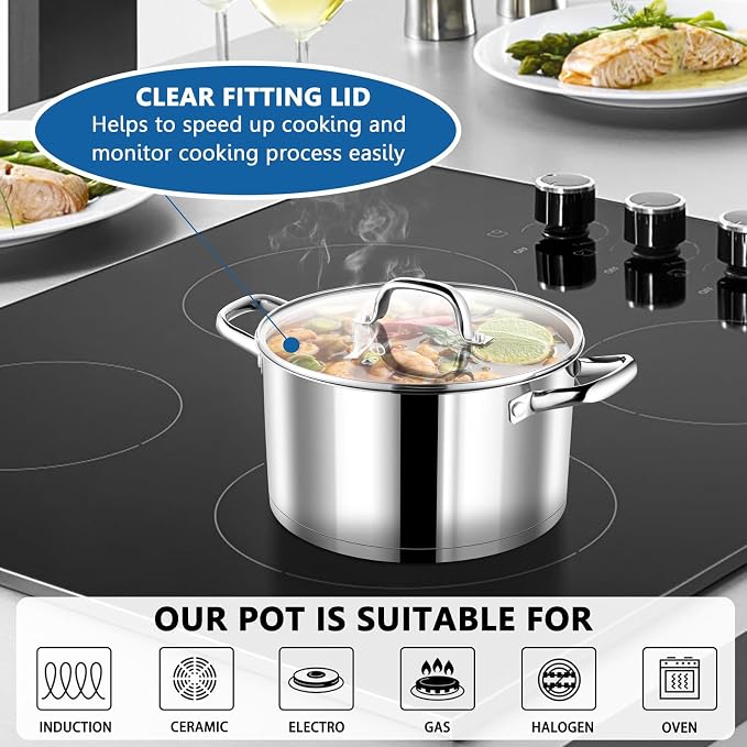 P&P CHEF 4 Quarts Stock Pot with Lid, Stainless Steel Stockpot for Cooking | Cooking Pot for Soup, Pasta, Tri-Ply Bottom for Induction, Gas, Ceramic, Glass Lid & Double Handle, Dishwasher Safe