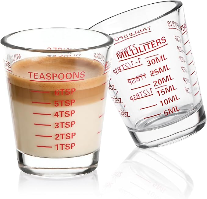 SAIAOKJ Shot Glass Measuring Cup Set, 2 Pack Espresso Shot Glasses (Red) | Glass measuring cups feature 26 markings up to 1 OZ, 2 TBS, 6 TSP, 30 ML for espresso, liquor, medicine and recipes