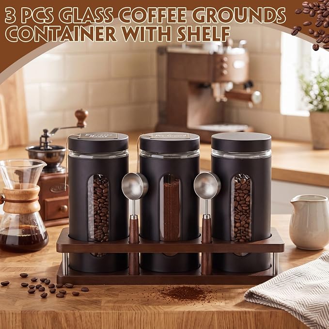 Stainless Steel Coffee Grounds Canisters Container with Shelf | 3 x 50oz, Sugar Coffee Bean Storage Container Set, Airtight Threaded Lid, Glass Window, Scoop, Kitchen Jar for Coffee Bar