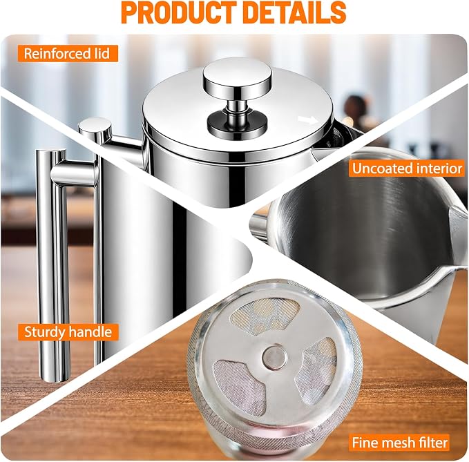 304 Thickened Stainless Steel 800ml French Press 27.05oz Moka Pot | Coffee Maker French Coffee Presses Cold Brew Cafetera Tea pot for Home & Camping Gifts Decor Bar Accessories Silver