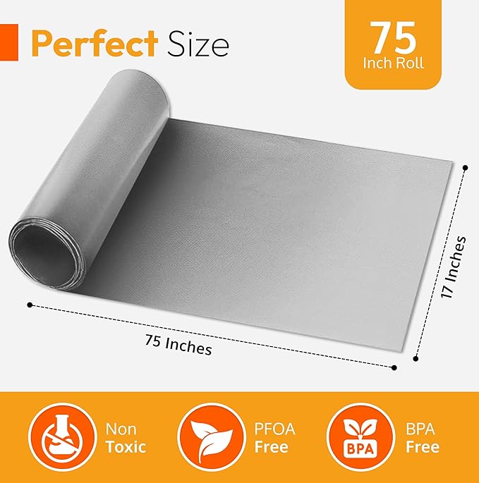 Silver Teflon Liner Roll for Ovens, Stovetops & Grills 75x17, Custom Fit | Versatile Non-Stick Teflon Mat, Use As Oven Liner, Grill Mat, Stovetop Cover, Baking Sheet & More