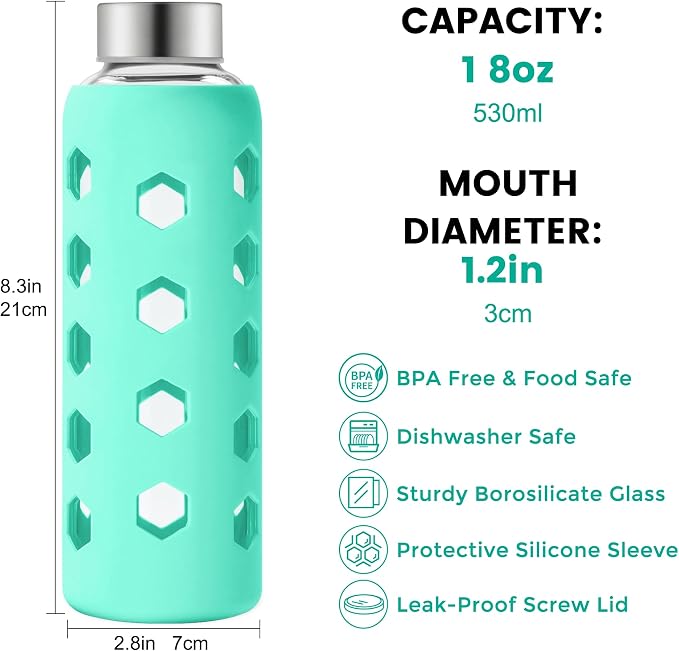 Mrsdry 18 oz Glass Water Bottles with Lids & Silicone Sleeves, 4-Pack | BPA Free, Leak-Proof Reusable Glass Drinking Bottles with Stainless Steel Airtight Cap for Juicing, Dishwasher Safe, Non-Slip