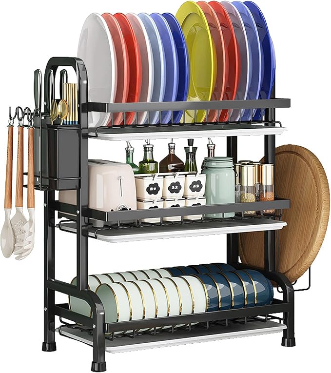 Dish Drying Rack,Dish Racks Drainer,Keep Kitchen Sink Shlef Organized | Over The Sink Dish Drainer Drying Rack 3 Tier with Drain Tray,Chopsticks Rack,Knife Holder