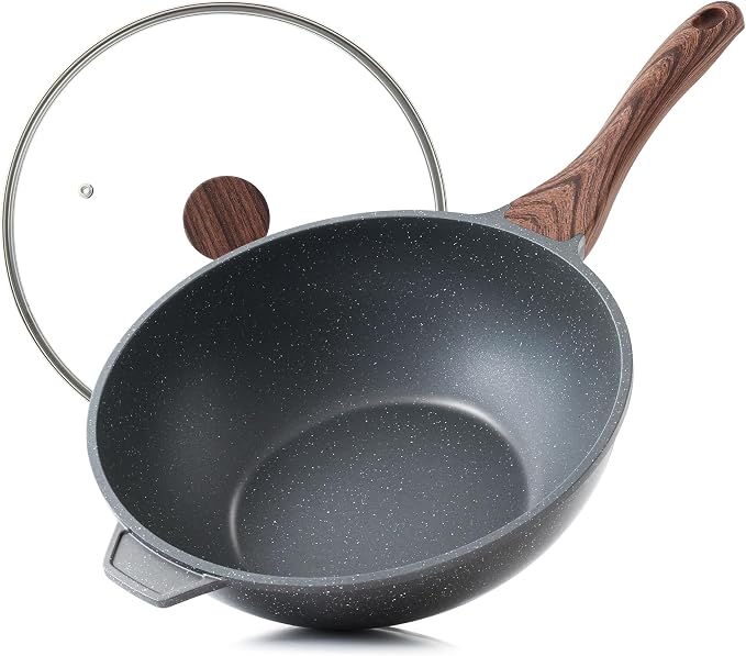SENSARTE Nonstick Wok Pan with Lid 11Inch, Healthy Stir-fry Pan Chef's Pan | Induction Cookware, Swiss Granite Coating, Even & Fast Heating, Non stick Frying Pan Skillet, Stay-cool Handle, PFOA Free