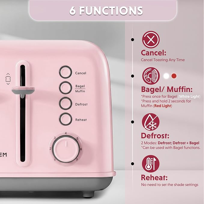 BUYDEEM DT640 4-Slice Toaster, 7 Shade Settings, Extra Wide 1.5’’ Slots for Bagel & English Muffin, 6 Toasting Functions, Retro Stainless Steel Toaster with High Lift Lever, 1800W, Pink