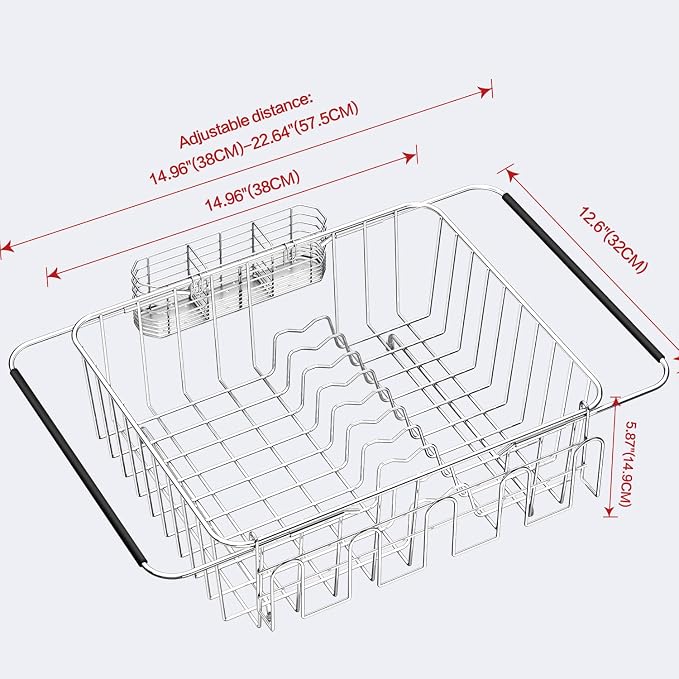 Fanbsy Dish Drying Rack in Sink, Extendable Stainless Steel Dish Drainers for Kitchen Counter, Anti-Rust Dish Dryer Rack with Utensil & Cup Holders, for Inside Sink, Over The Sink