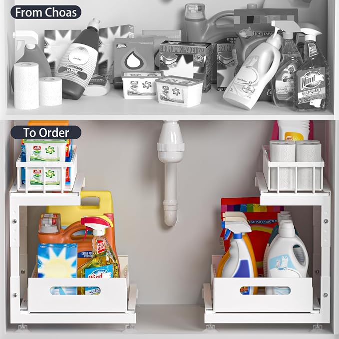 L-Shaped Under Sink Organizer, 2-Tier Pull-out Cabinet Rack 1-Pack | White Height-Adjustable Metal Rack, Sliding Grid Drawers with Safety Stopper, Holds 100 Lbs, Ideal Kitchen Cabinet Storage