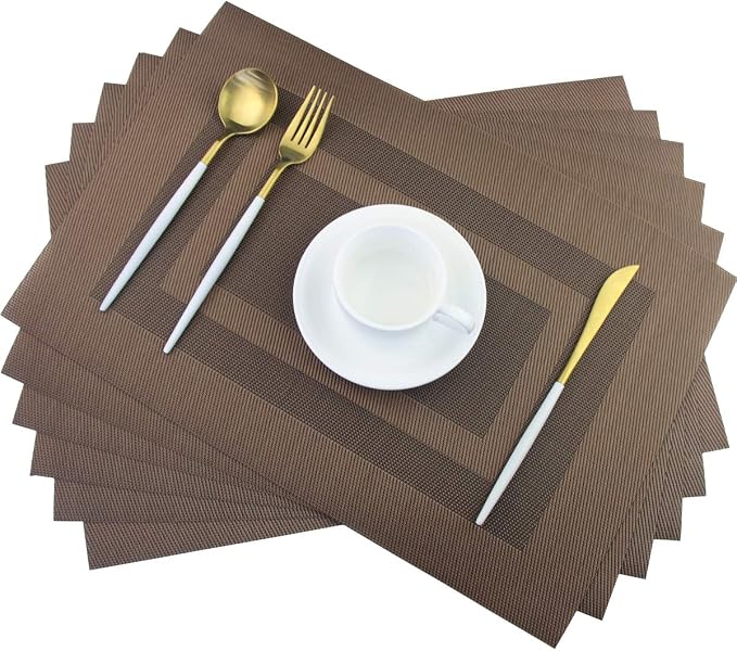 PIGCHCY Placemats Set of 6,Washable Woven Vinyl Kitchen Table Mats Non Slip Durable Placemats Heat Resistant Placemats for Dining Table(Coffee Brown)