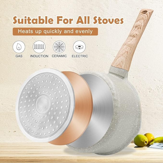 2 Qt Nonstick Saucepan with Lid, Sauce Pot with Pour Spout, White | Detachable Handle, Suitable for All Stoves, Including Induction, Oven Safe, PTFE & PFAS & PFOA Free