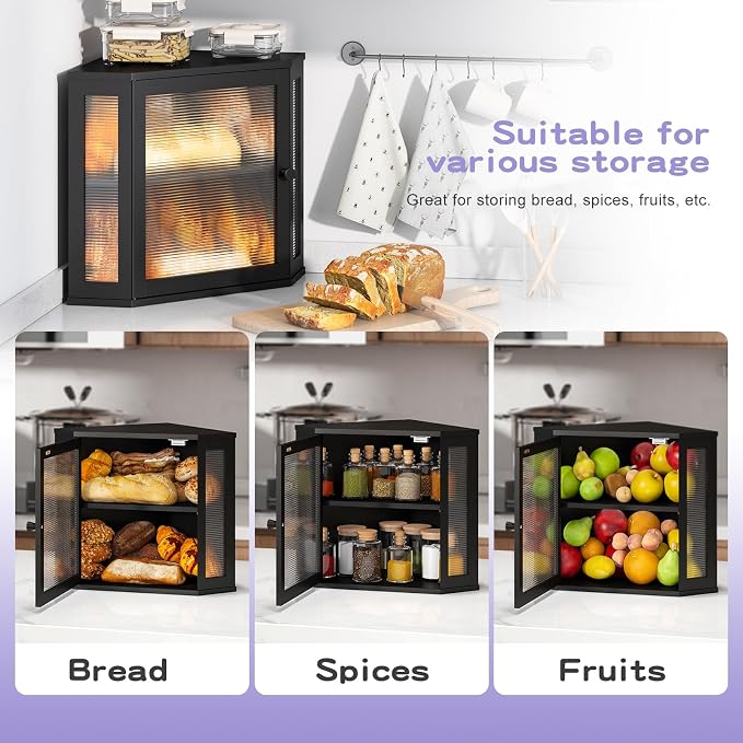 Corner Bread box for Kitchen Countertop,Farmhouse Acrylic Wavy Door Panel Food Storage Large White Bread box Container