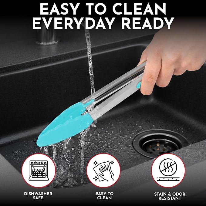 Kitchen Tongs - 12, 9 & 7 Inch Locking Silicone Tongs for Cooking, Set of 3 | Aqua Tongs with Silicone Tips, Heat Resistant Tongs for Grilling, Serving, Mixing