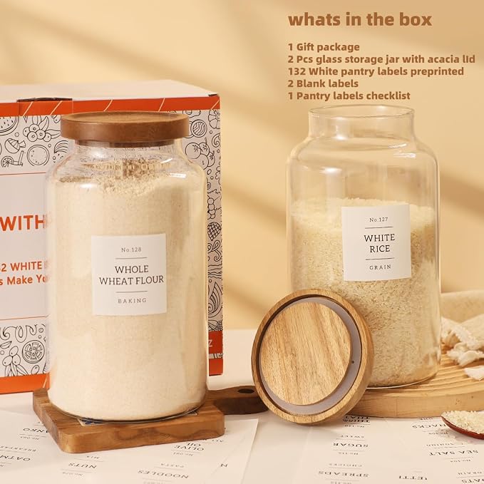 2 Pack Large Glass Flour and Sugar Storage Containers with Airtight Acacia Lids and 132 Kitchen Pantey Labels Preprint - 95 LF OZ Borosilicate Glass Canister Sets for Food,Spaghetti,Cookie,Rice