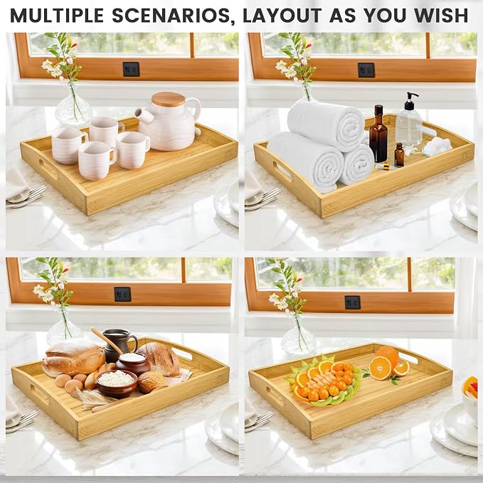 Bamboo Serving Tray Set of 4, Bamboo Trays with Handles | Decorative bamboo serving trays for serving, storage,kitchens, living rooms,bathrooms, outdoor scenarios and more