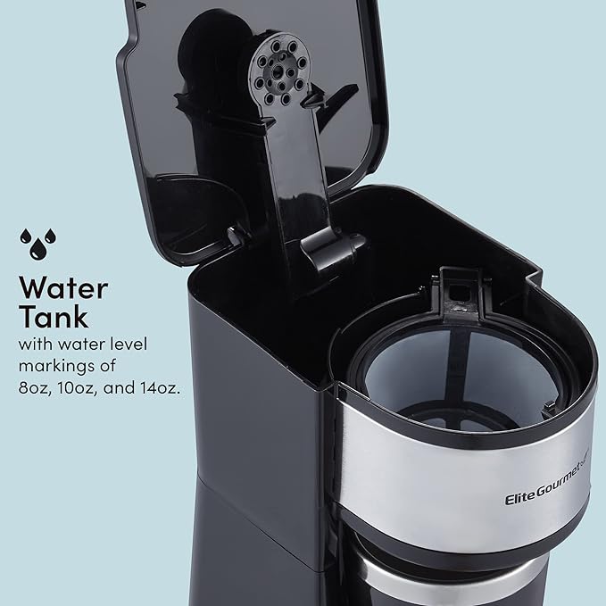Elite Gourmet EHC-112B Personal Single-Serve Compact Coffee Maker, Black | Includes 14oz stainless steel interior thermal travel mug, reusable filter - compatible with coffee grounds