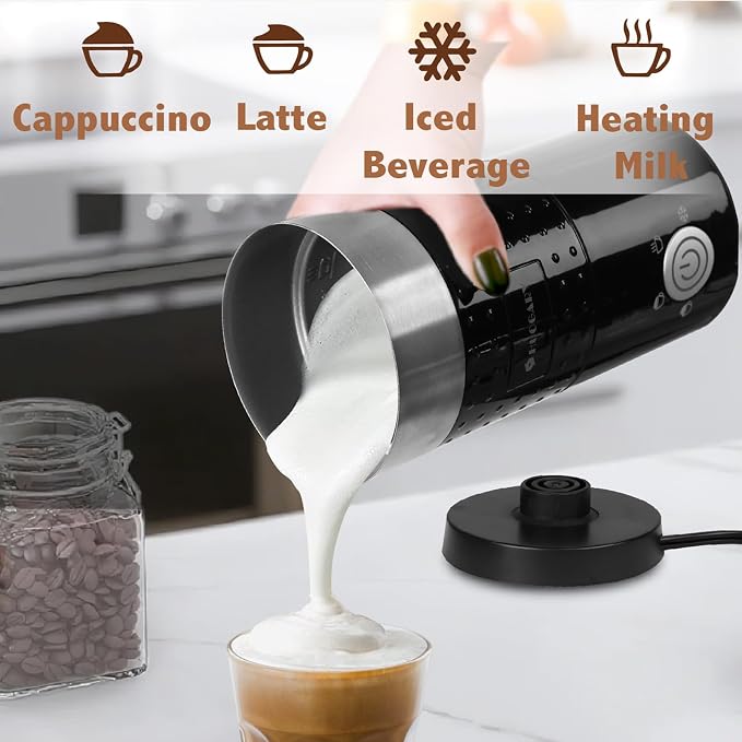 4 in 1 Milk Frother，Electric Milk Frother and Steamer 300ml，Fast Frothing | Stainless Steel Inner,Automatic Hot& Cold Foam Maker and Milk Warmer For Latte, Cappuccinos, Macchiato（Black）